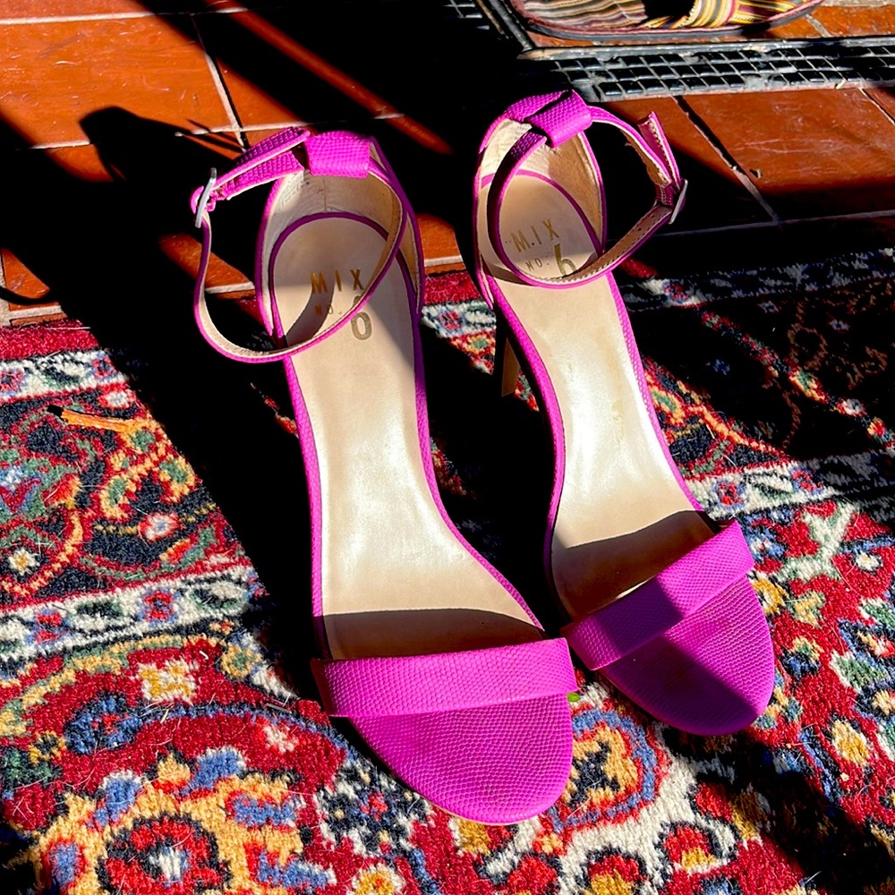 Mix No. 6, Size 9 1/2 purple sandals, with 4 inch heel.